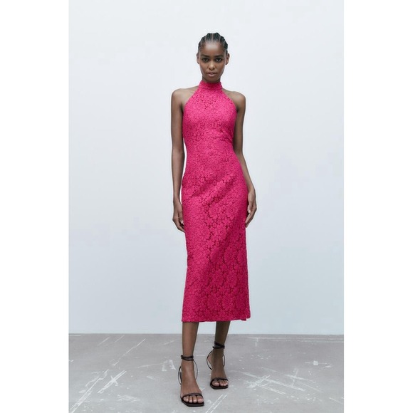 Zara Lace Halter Dress Womens Medium Pink Fuchsia Midi Floral Open Back Pencil - Picture 14 of 16
